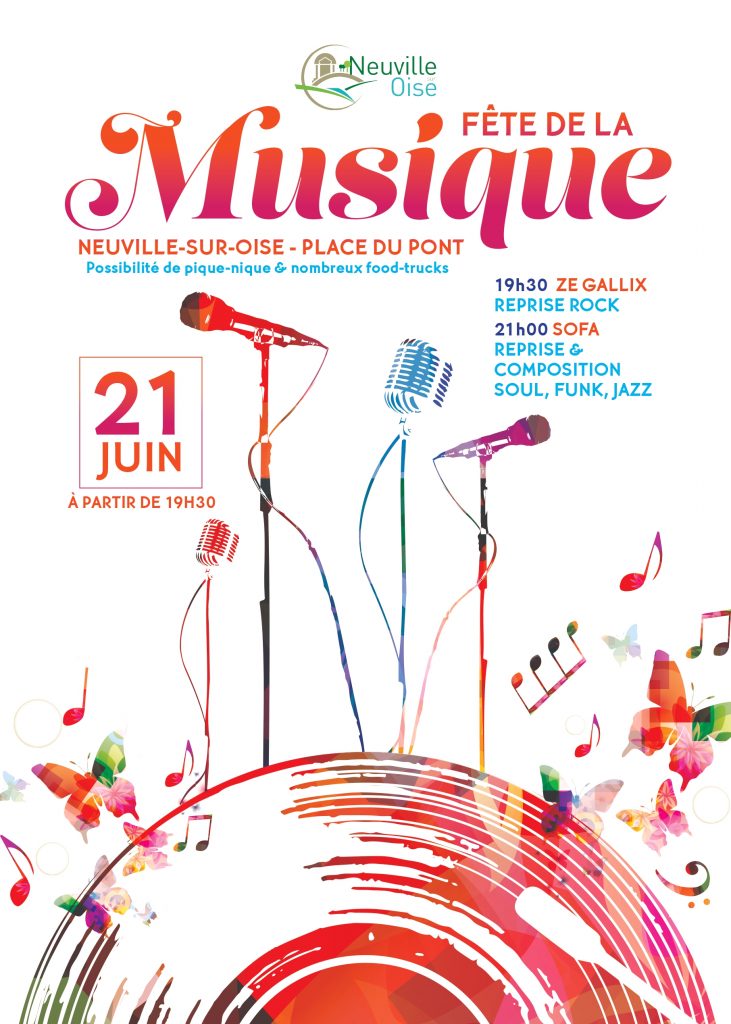 Affiche de la fête de la musique 2022 de la ville de neuville-sur-oise le 21 juin place du pont  À 19 heures 30