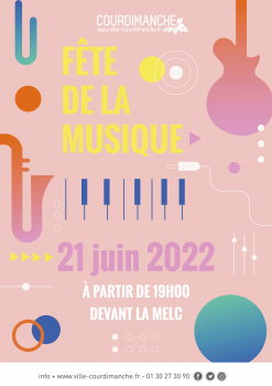 Affiche de la fête de la musique 2022 de la ville de courdimanche le 21 juin rdv devant la MELC À 19 heures