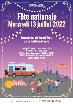 affiche pour la soirée du 13 juillet à Courdimanche à l'occasion de la fête nationale au programme foodtruck et feux d'artifice