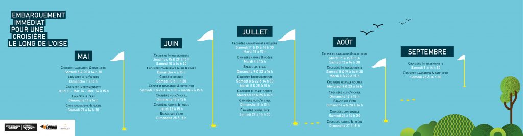 Mai, juin, juillet, août, septembre, le planning des croisières à Cergy-Pontoise saison 2023 par thématique est disponible. 